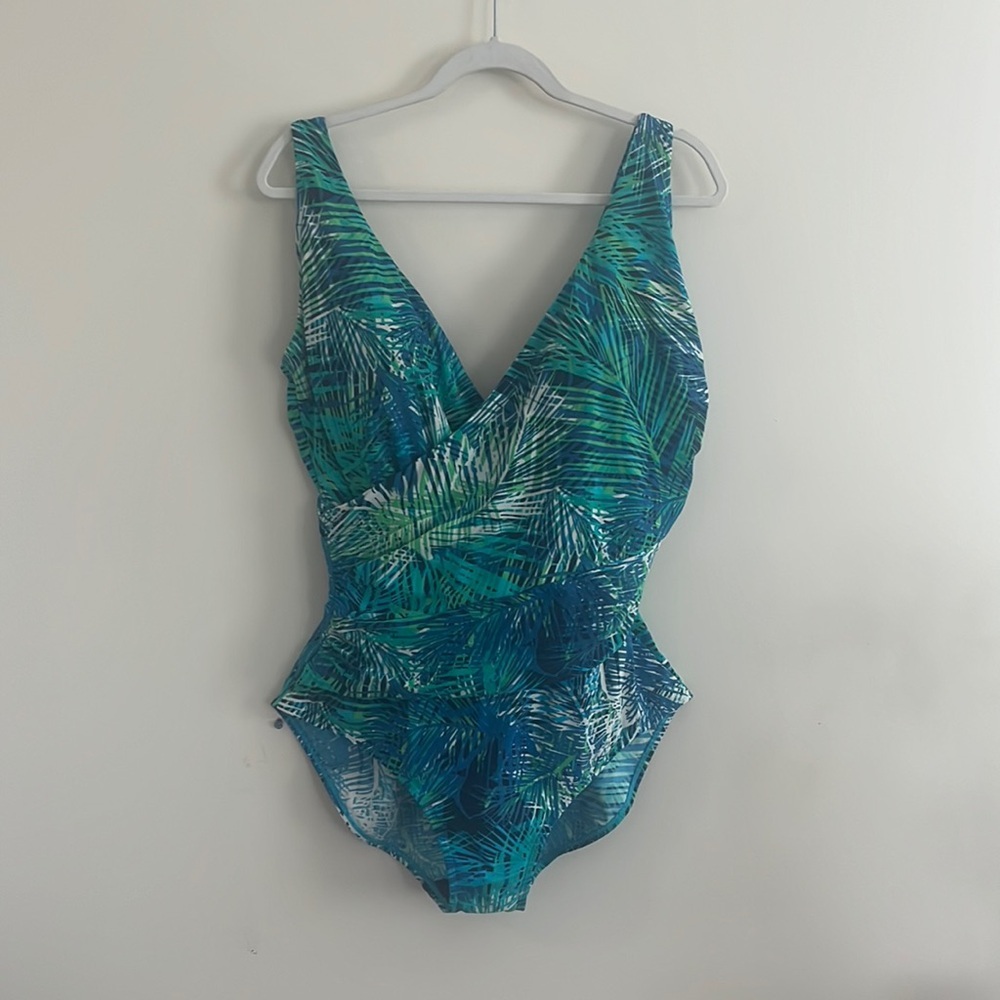 LL Bean Tropical Palm‎ One Piece Swimsuit Sz 18 UPF 40 vacation beach summer